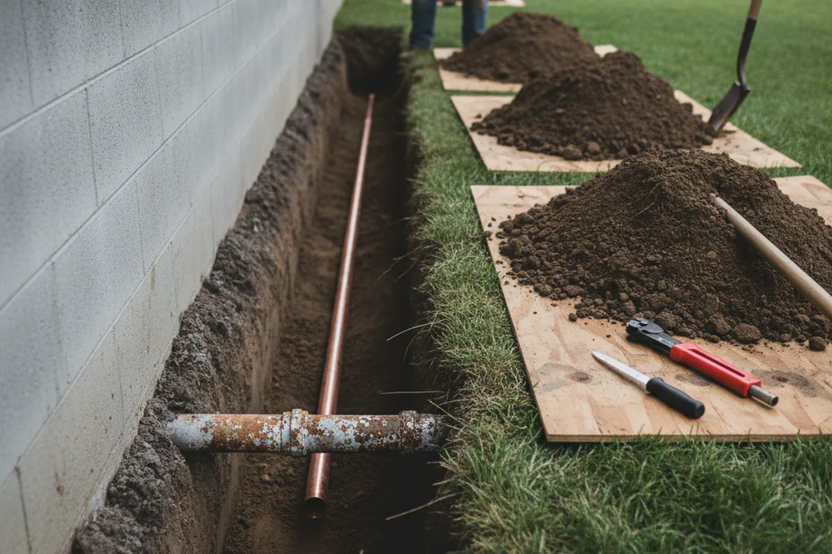 Excavated water line trench during Water Heater Repair in Porter